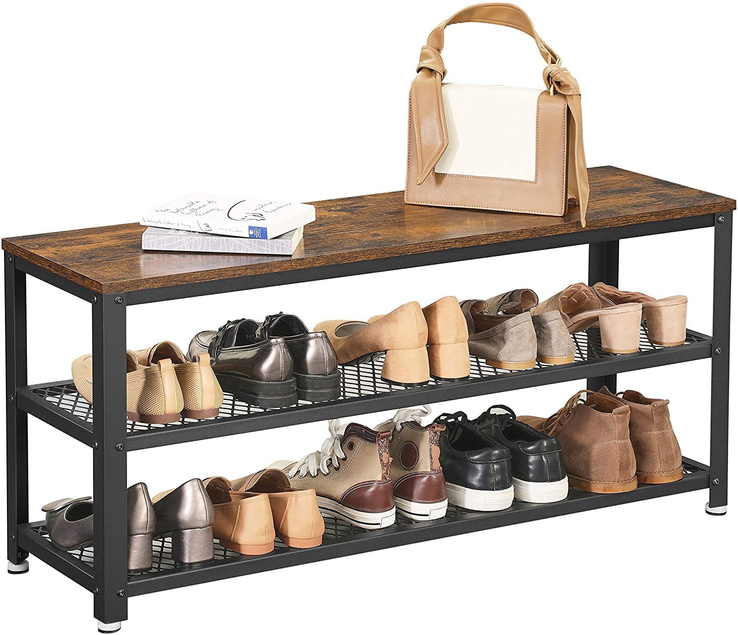 Rustic Brown/Black Shoe Rack, 2 Shelves, 100 cm Long