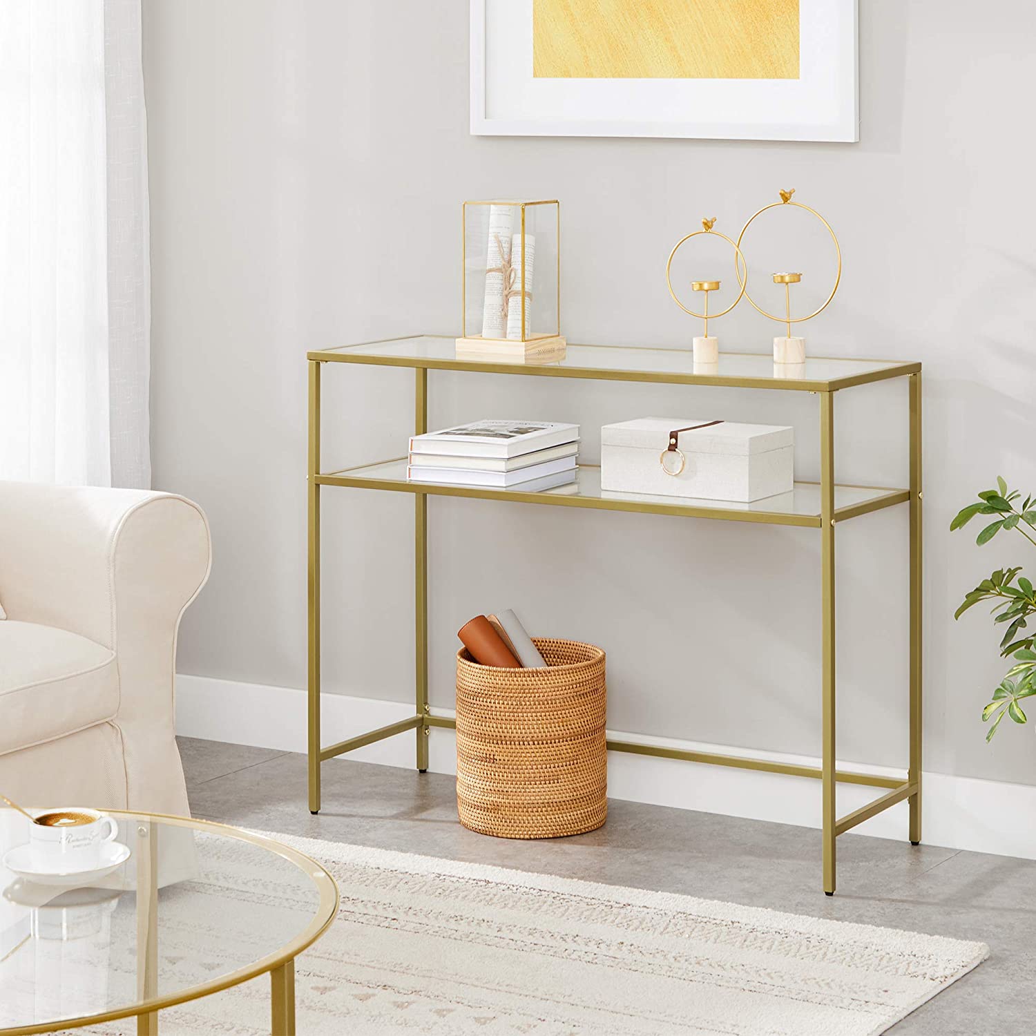 Minimalist Metal Frame Console Table, 2 Shelves, Gold, Adjustable Feet