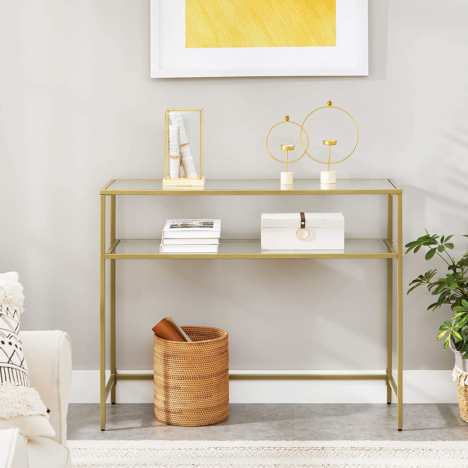 Minimalist Metal Frame Console Table, 2 Shelves, Gold, Adjustable Feet