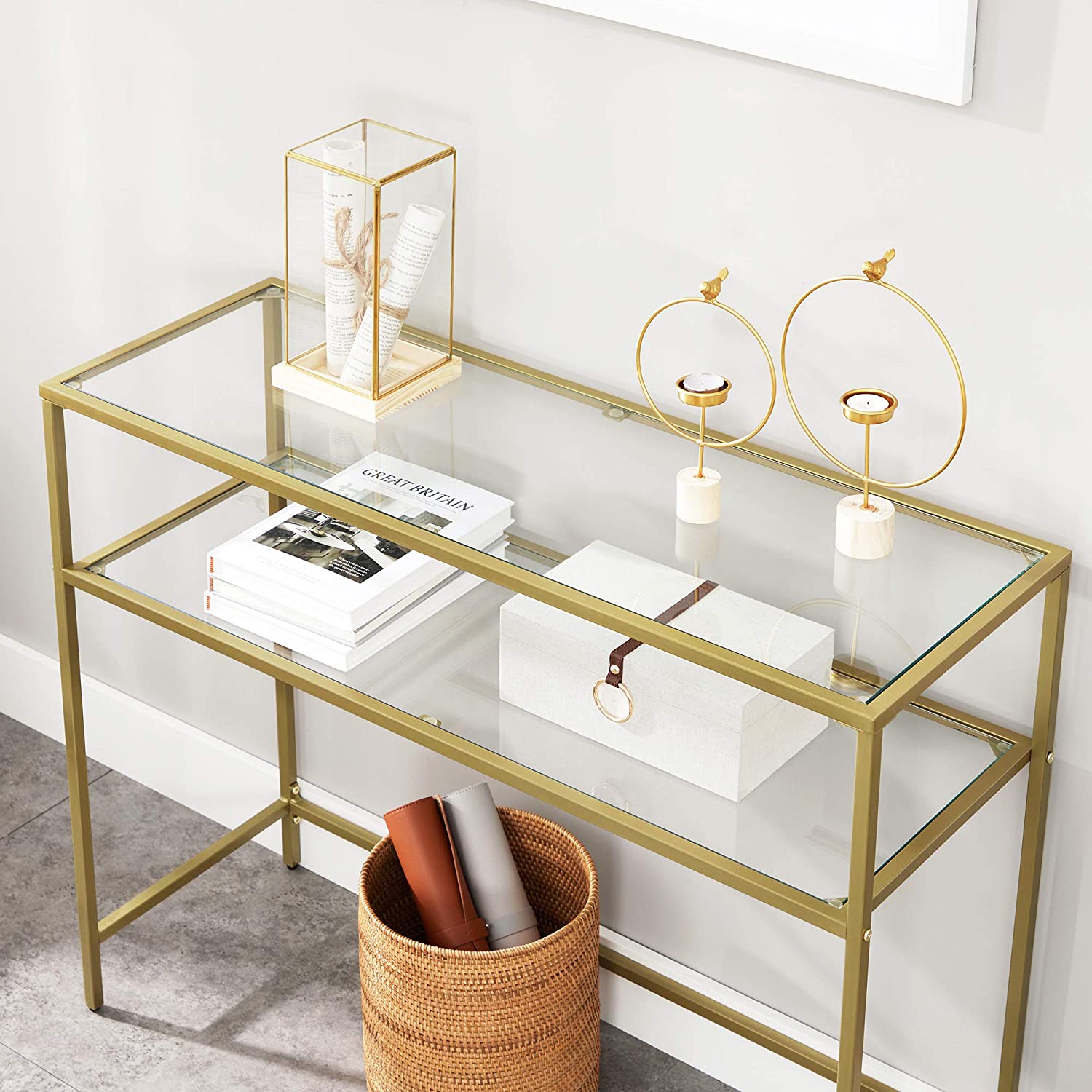 Minimalist Metal Frame Console Table, 2 Shelves, Gold, Adjustable Feet