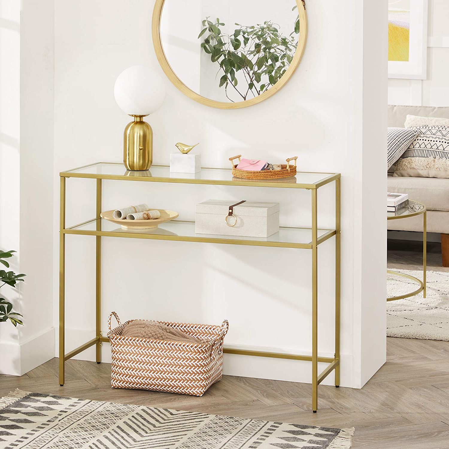 Minimalist Metal Frame Console Table, 2 Shelves, Gold, Adjustable Feet