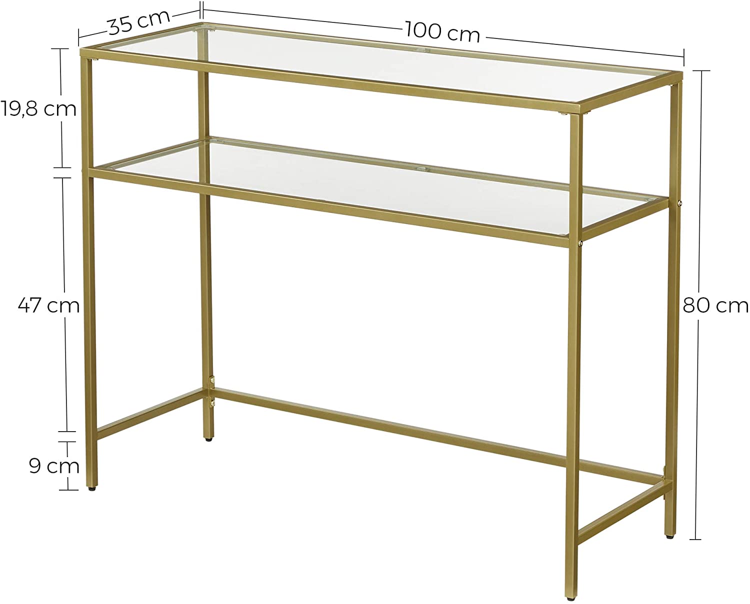 Minimalist Metal Frame Console Table, 2 Shelves, Gold, Adjustable Feet