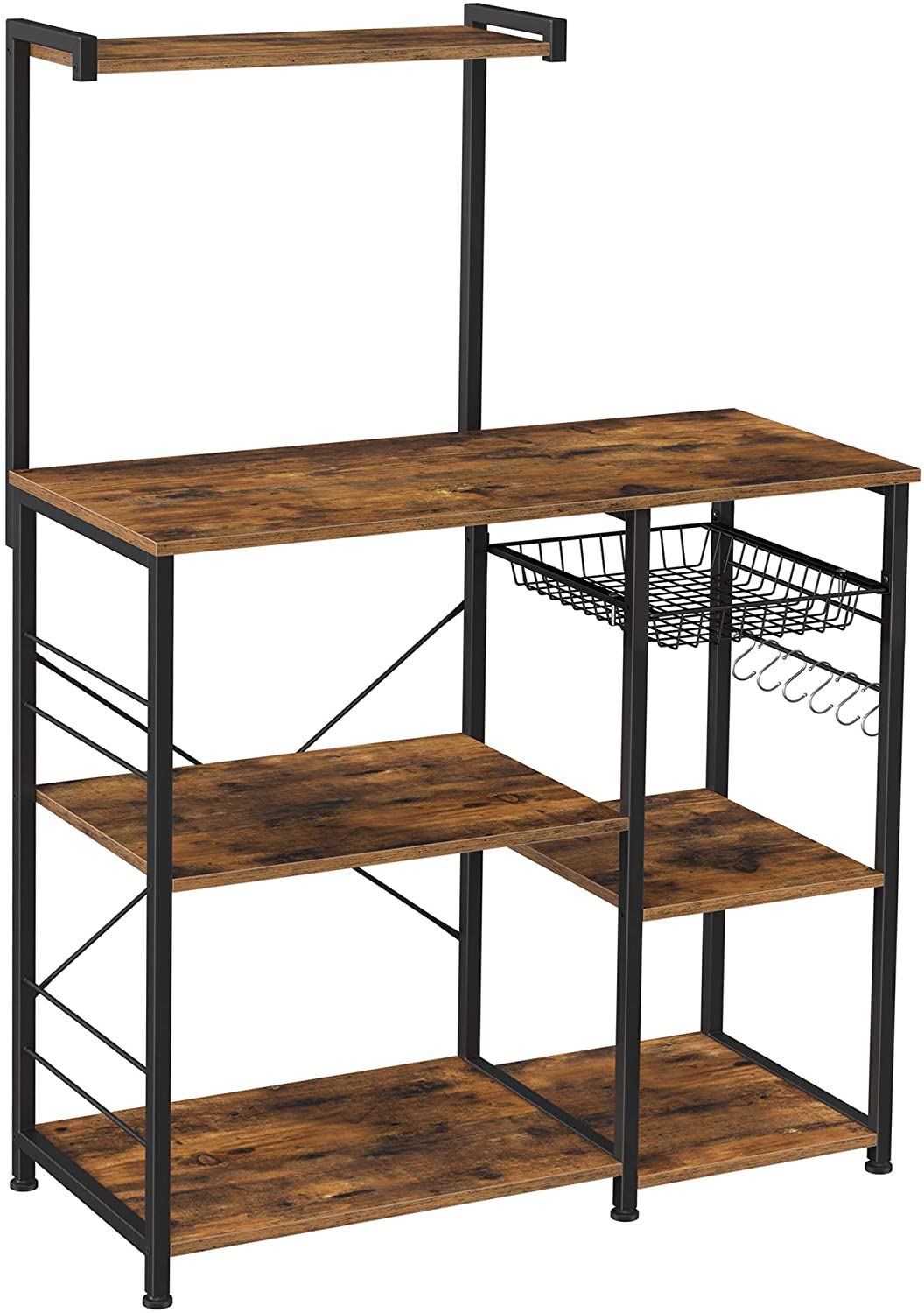 Rustic Brown Kitchen Baker's Rack with Shelves, Basket, Hooks