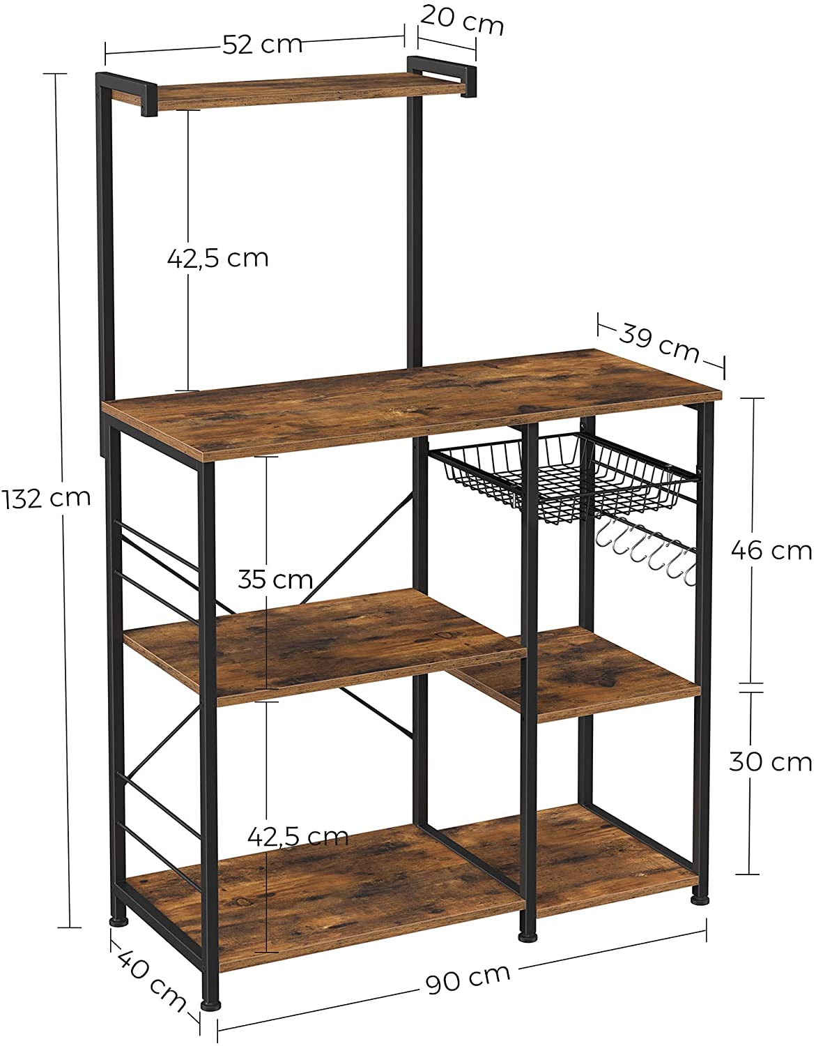 Rustic Brown Kitchen Baker's Rack with Shelves, Basket, Hooks