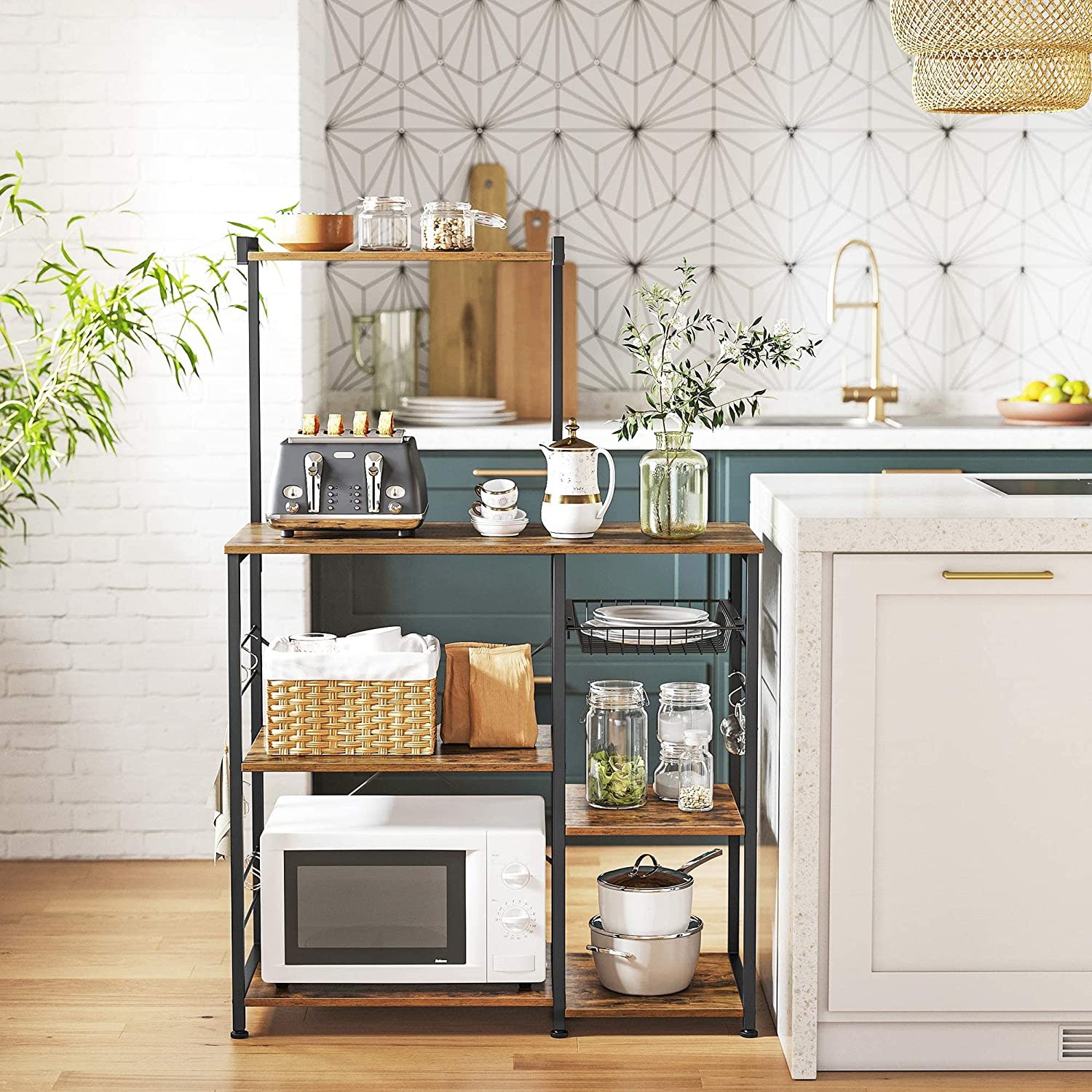 Rustic Brown Kitchen Baker's Rack with Shelves, Basket, Hooks