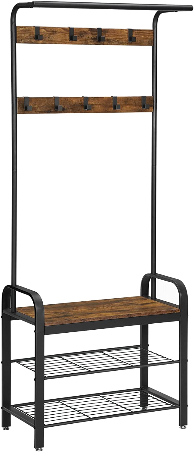 Industrial Coat Rack Shoe Bench with Hooks, Adjustable Feet