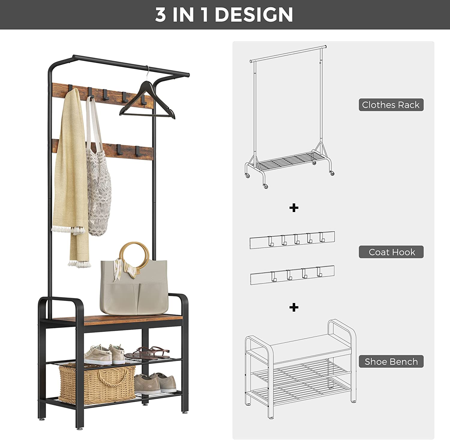 Industrial Coat Rack Shoe Bench with Hooks, Adjustable Feet