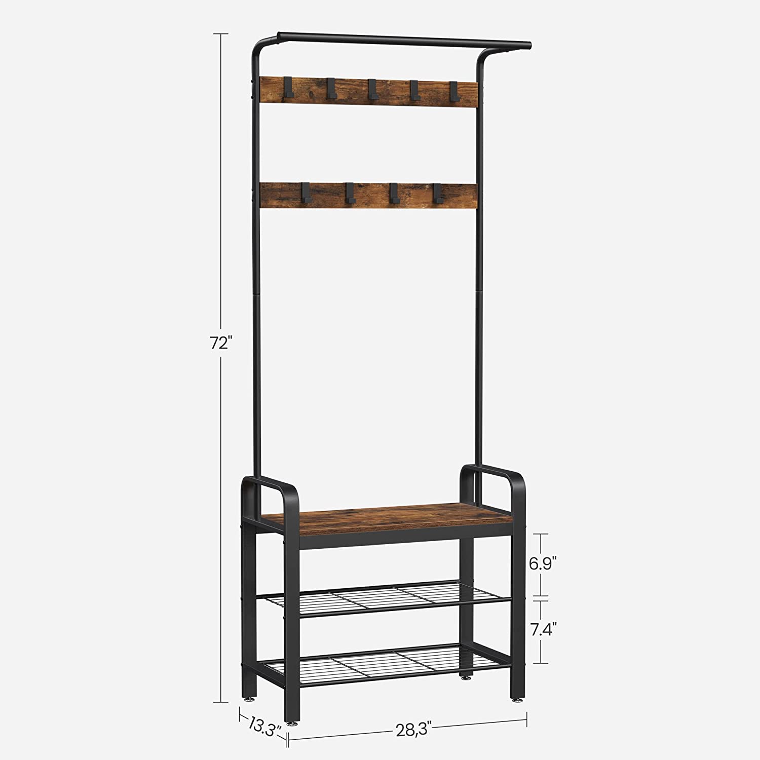 Industrial Coat Rack Shoe Bench with Hooks, Adjustable Feet