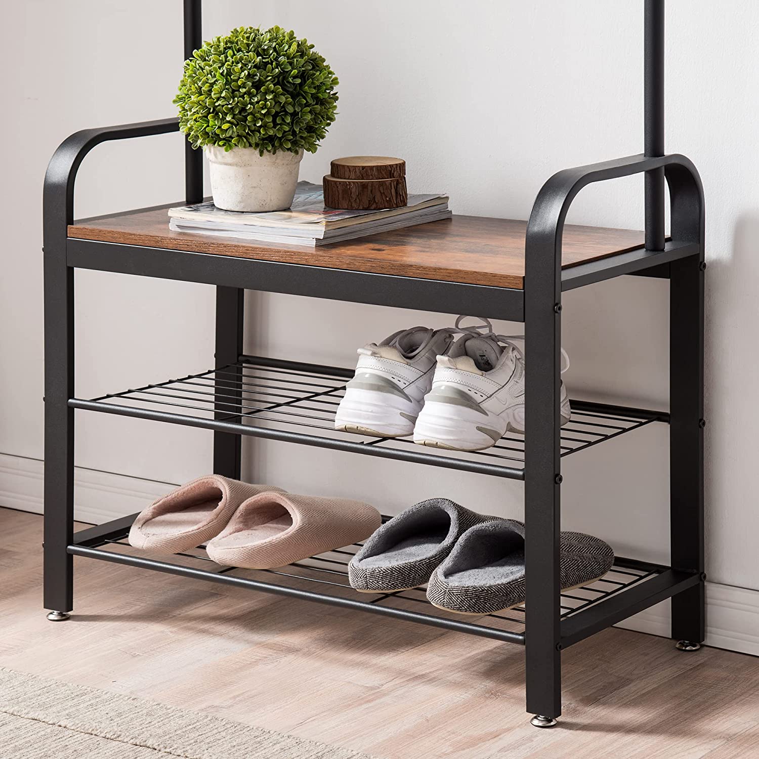 Industrial Coat Rack Shoe Bench with Hooks, Adjustable Feet