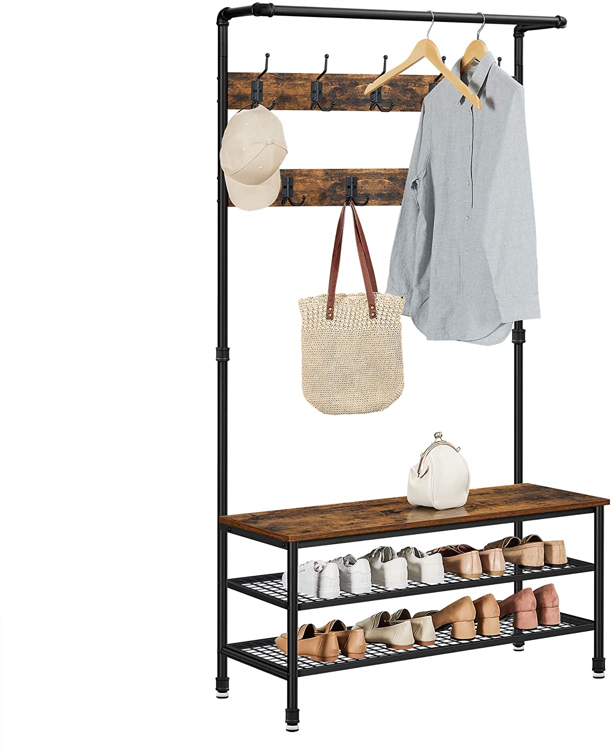 Industrial Coat Rack Stand w/ 9 Hooks, Shoe Rack, Bench