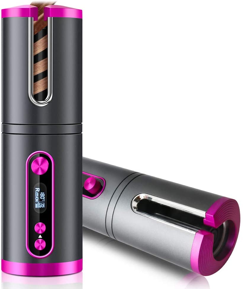 Portable Wireless Automatic Hair Curler for Travel with LED Temperature Display, Timer and USB Rechargeable Pink