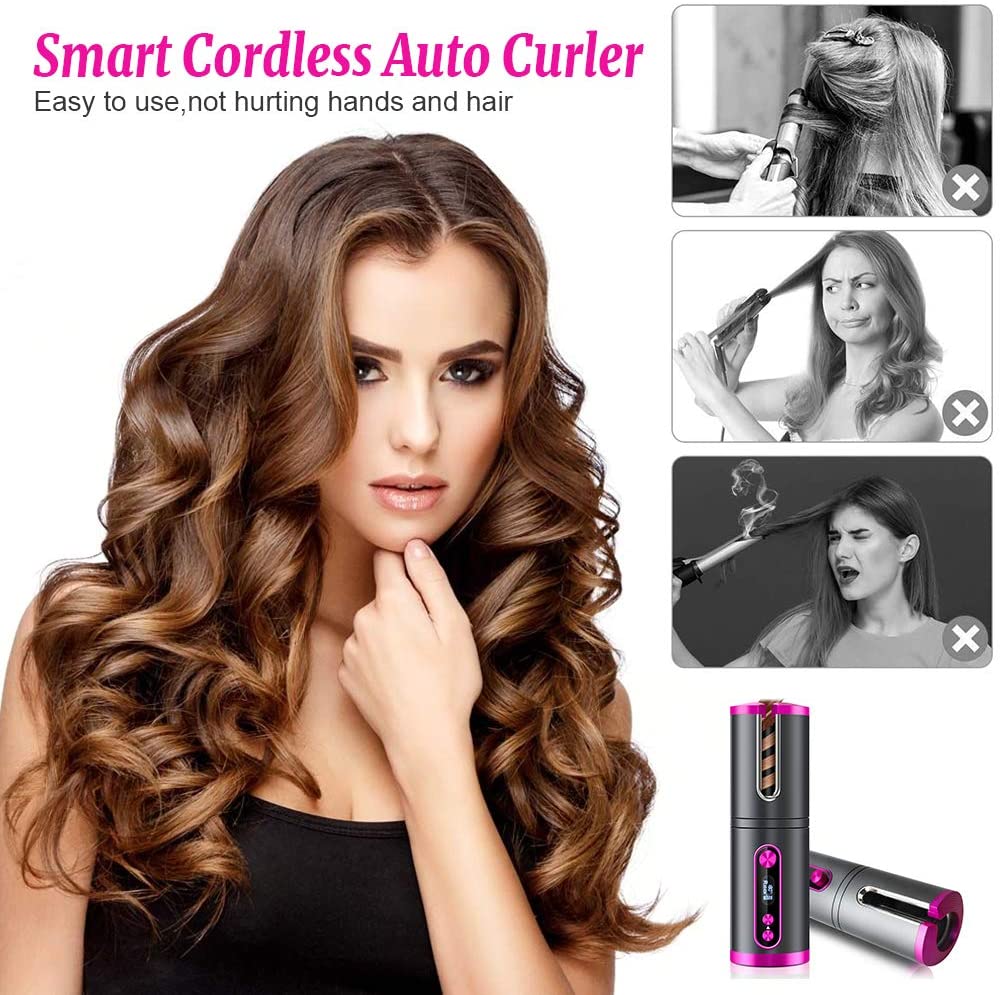 Portable Wireless Automatic Hair Curler for Travel with LED Temperature Display, Timer and USB Rechargeable Pink