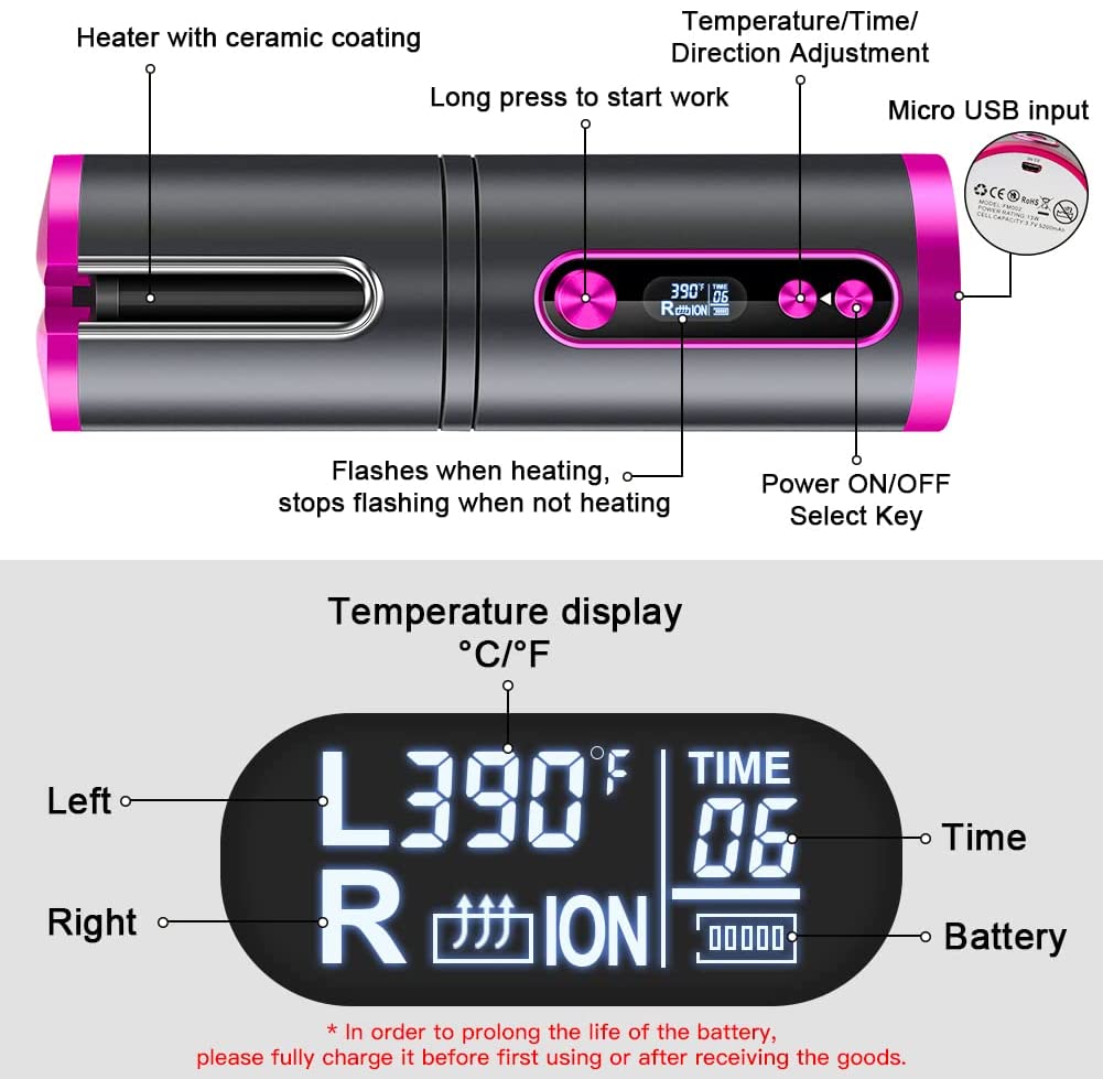 Portable Wireless Automatic Hair Curler for Travel with LED Temperature Display, Timer and USB Rechargeable Pink