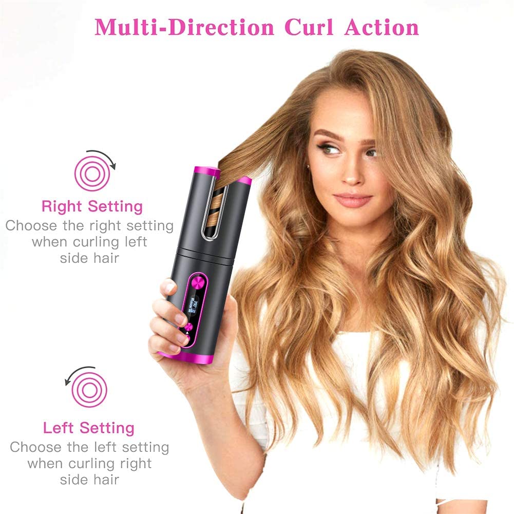 Portable Wireless Automatic Hair Curler for Travel with LED Temperature Display, Timer and USB Rechargeable Pink