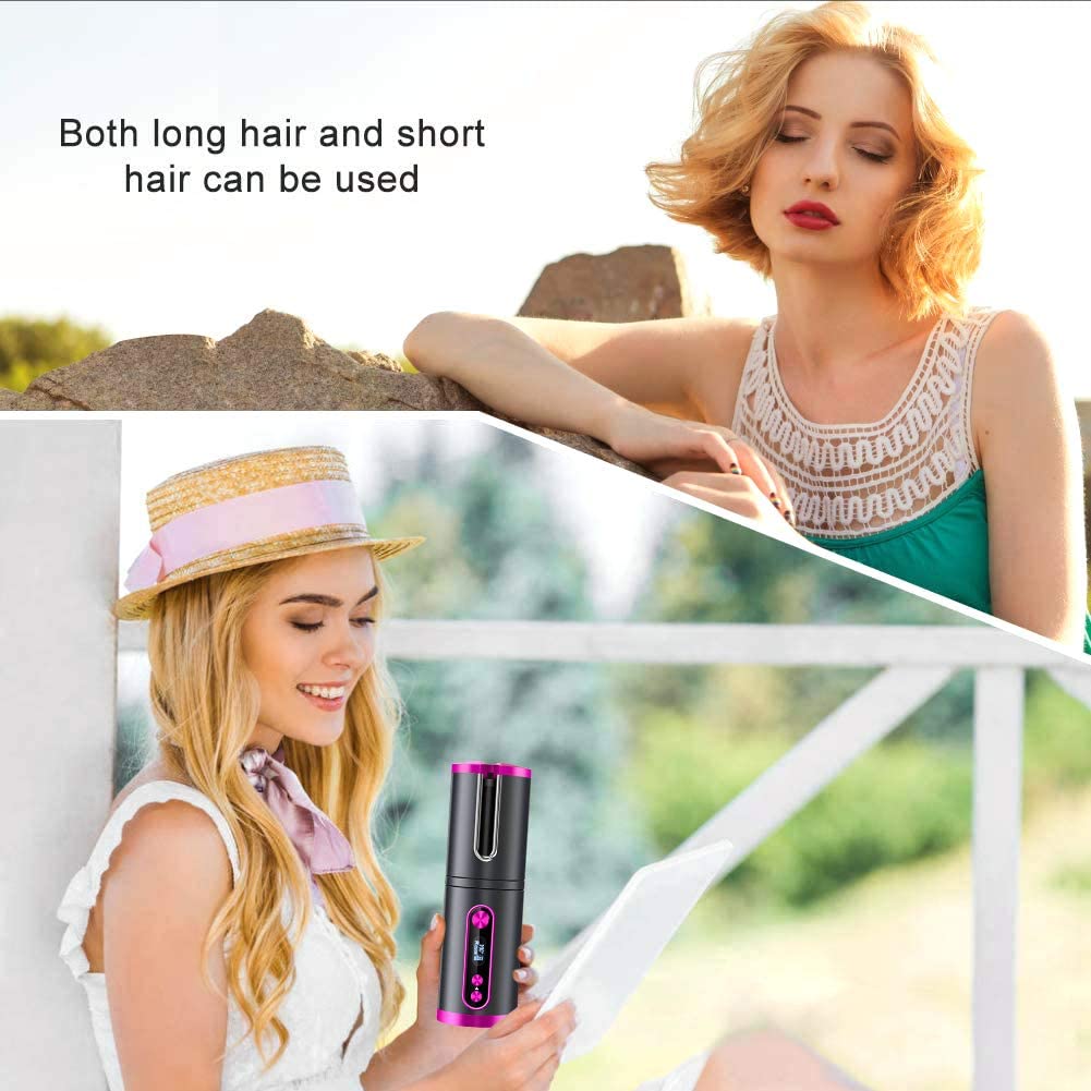 Portable Wireless Automatic Hair Curler for Travel with LED Temperature Display, Timer and USB Rechargeable Pink