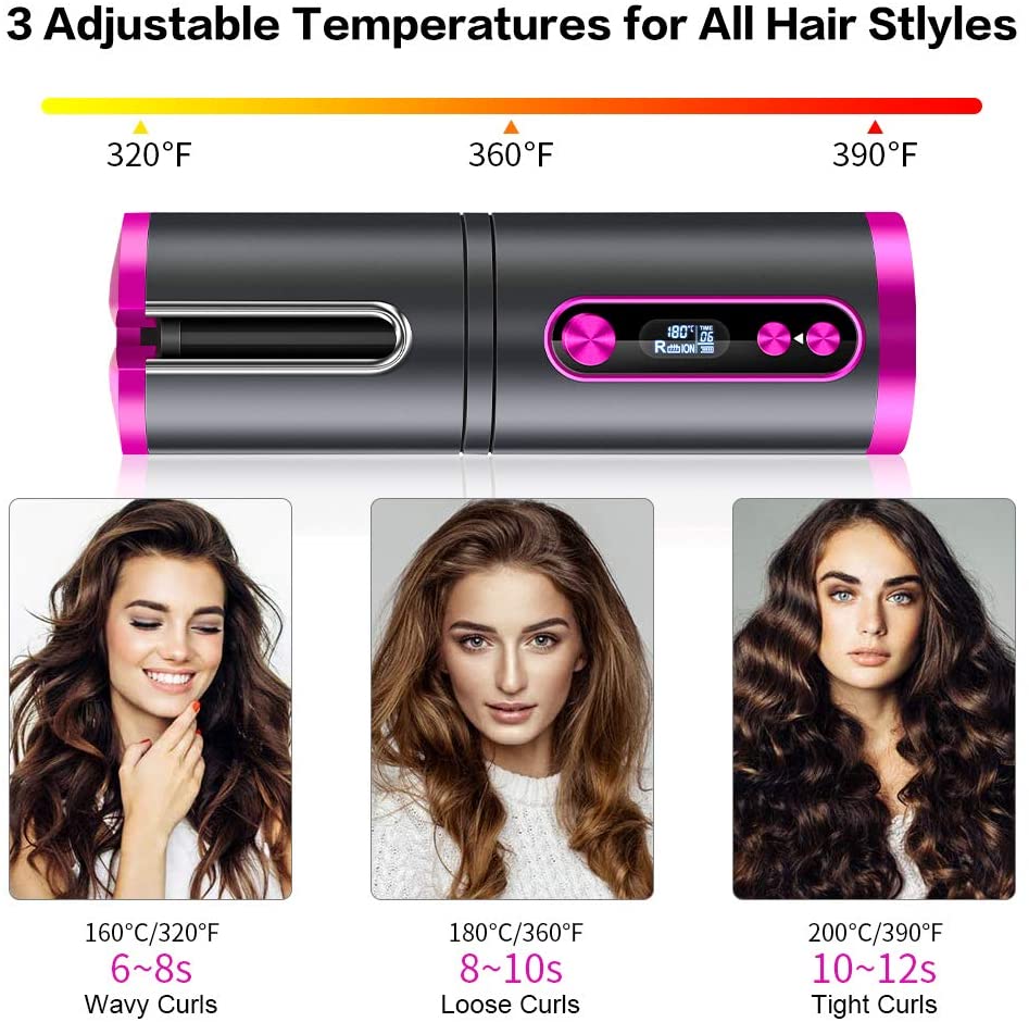 Portable Wireless Automatic Hair Curler for Travel with LED Temperature Display, Timer and USB Rechargeable Pink