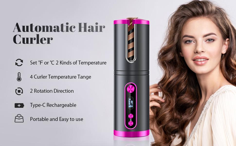 Portable Wireless Automatic Hair Curler for Travel with LED Temperature Display, Timer and USB Rechargeable Pink