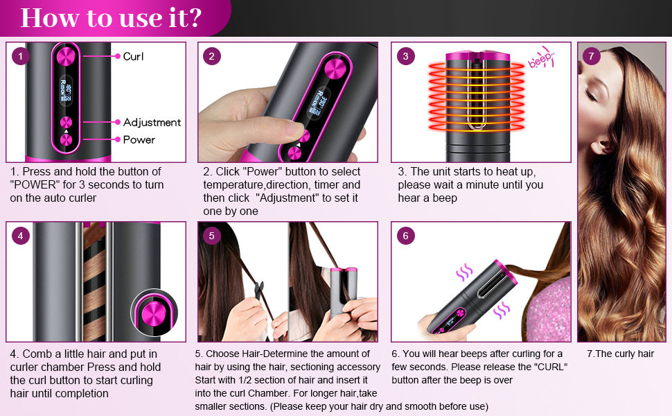 Portable Wireless Automatic Hair Curler for Travel with LED Temperature Display, Timer and USB Rechargeable Pink