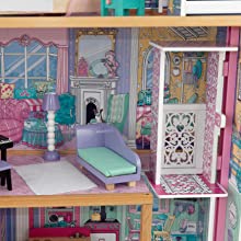 3-Level Wooden Dollhouse with Furniture, 17-Piece Set