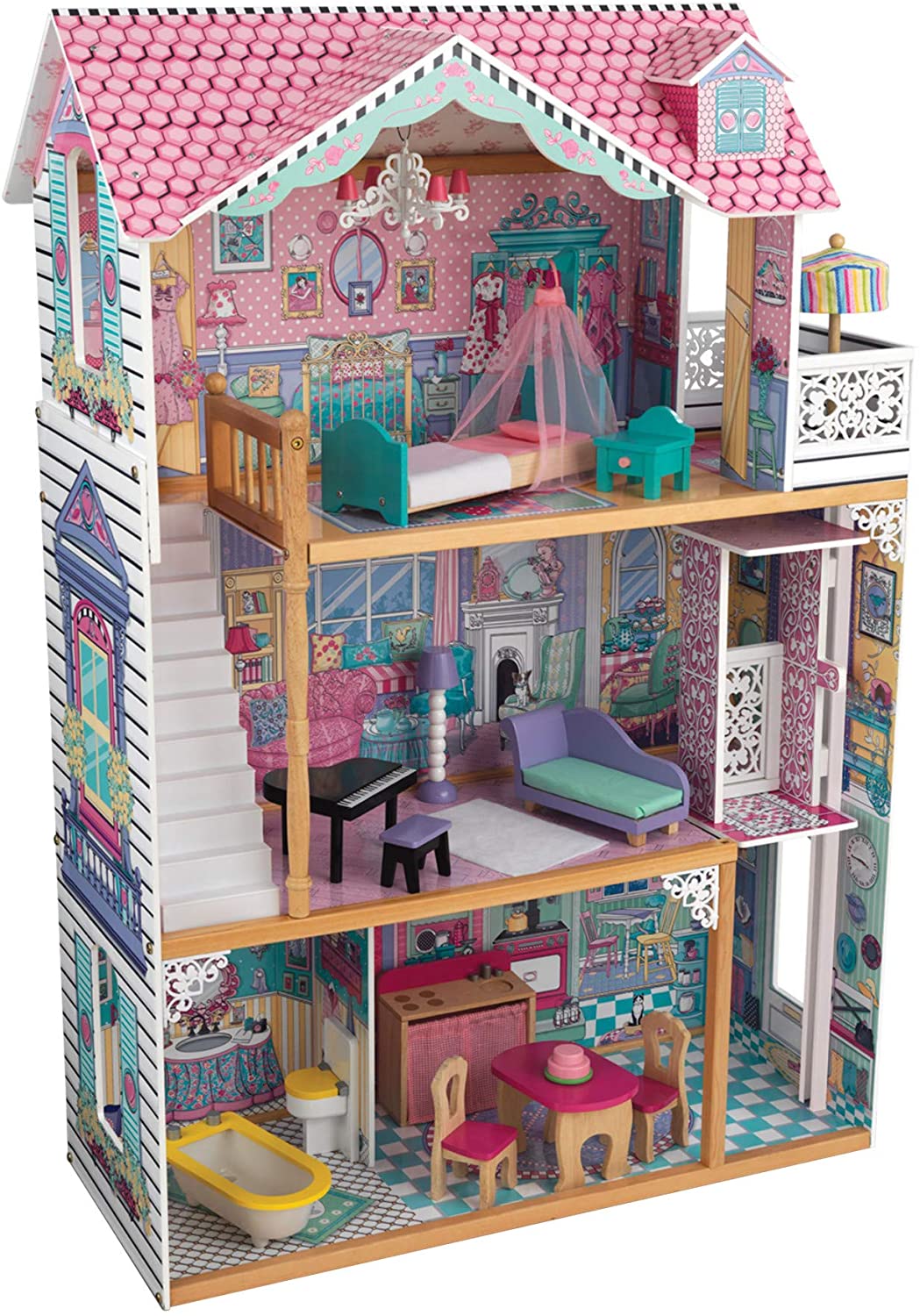 3-Level Wooden Dollhouse with Furniture, 17-Piece Set