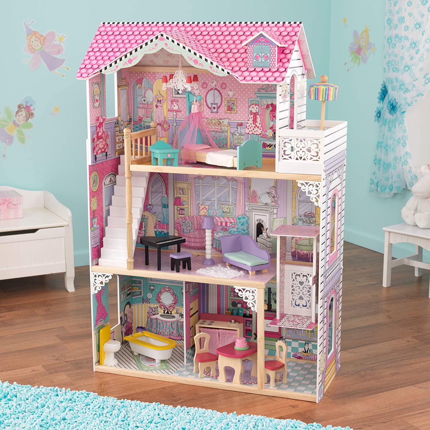 3-Level Wooden Dollhouse with Furniture, 17-Piece Set