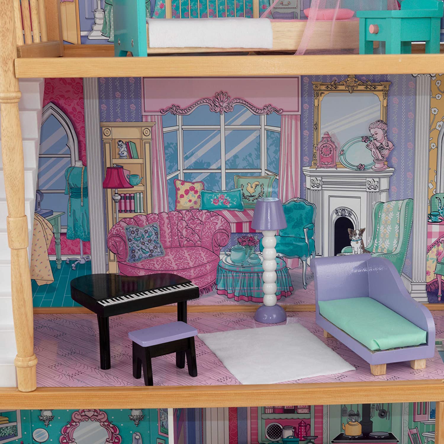 3-Level Wooden Dollhouse with Furniture, 17-Piece Set