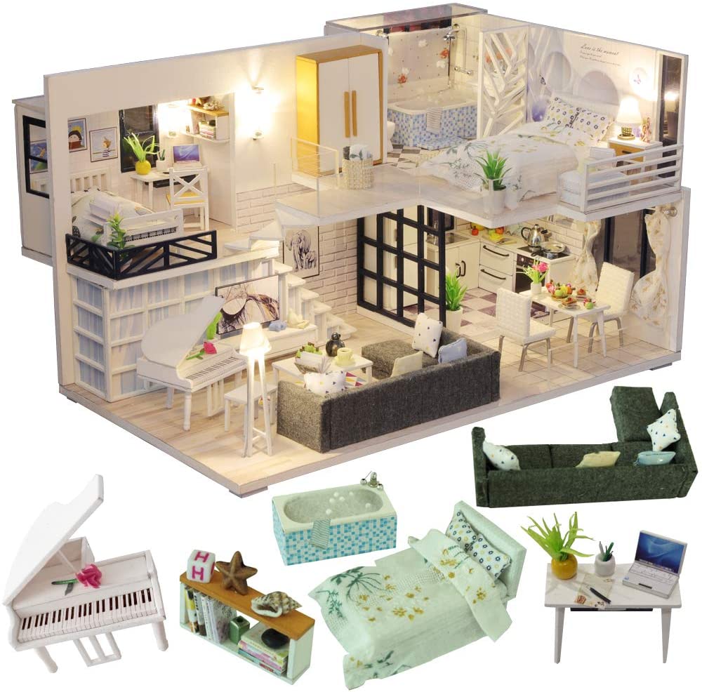 LED Dollhouse Miniature with Furniture Kit & Music, 1:24 Scale