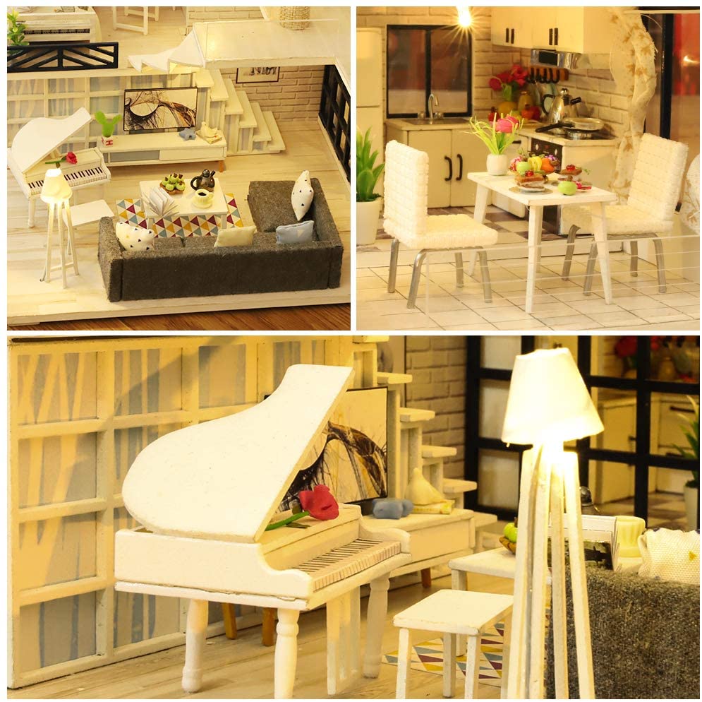 LED Dollhouse Miniature with Furniture Kit & Music, 1:24 Scale