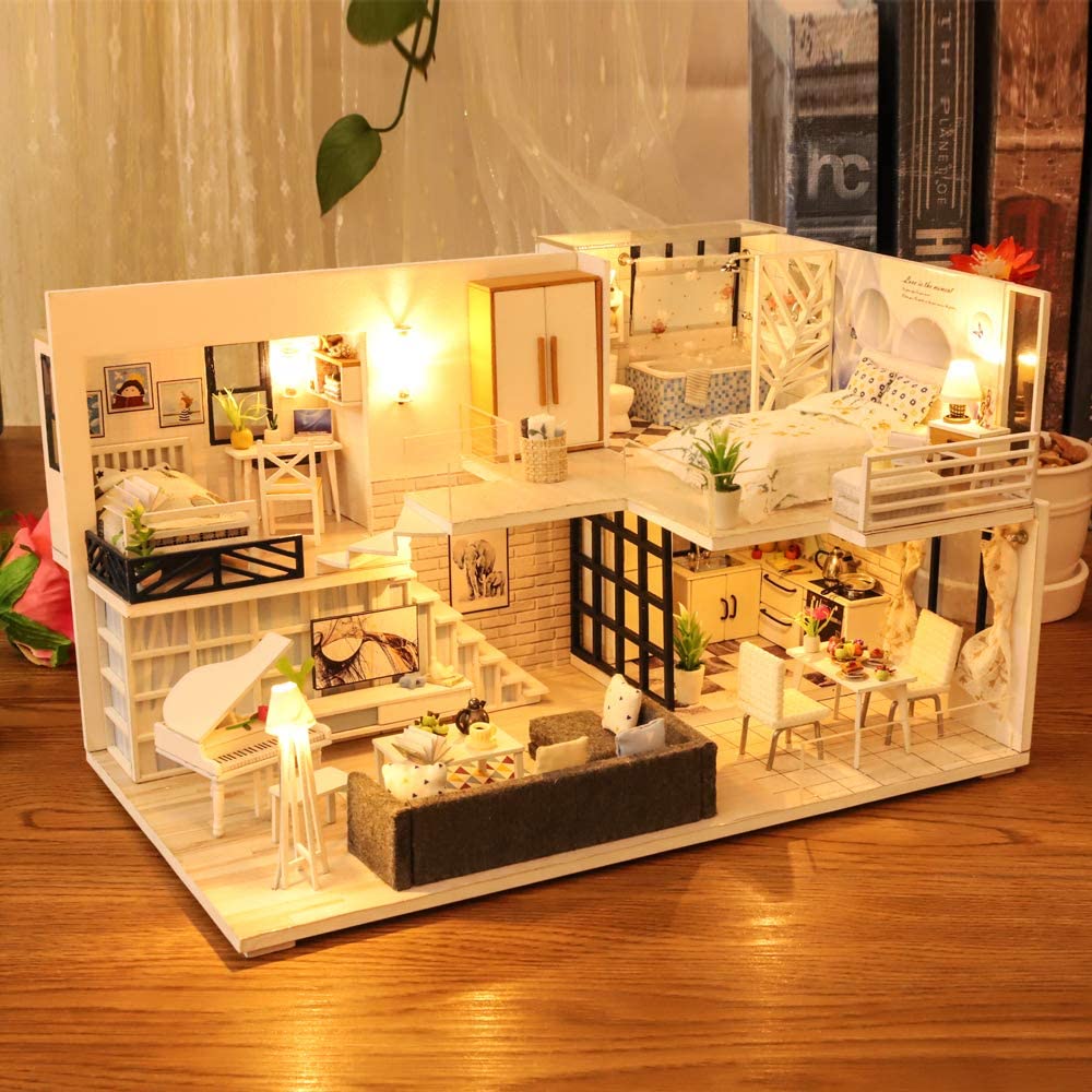 LED Dollhouse Miniature with Furniture Kit & Music, 1:24 Scale