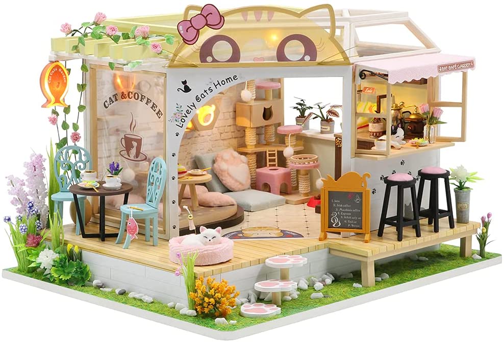 Dollhouse Miniature with Furniture Kit Plus Dust Proof and Music Movement - Cat Coffee Valentine's Day Gift Idea