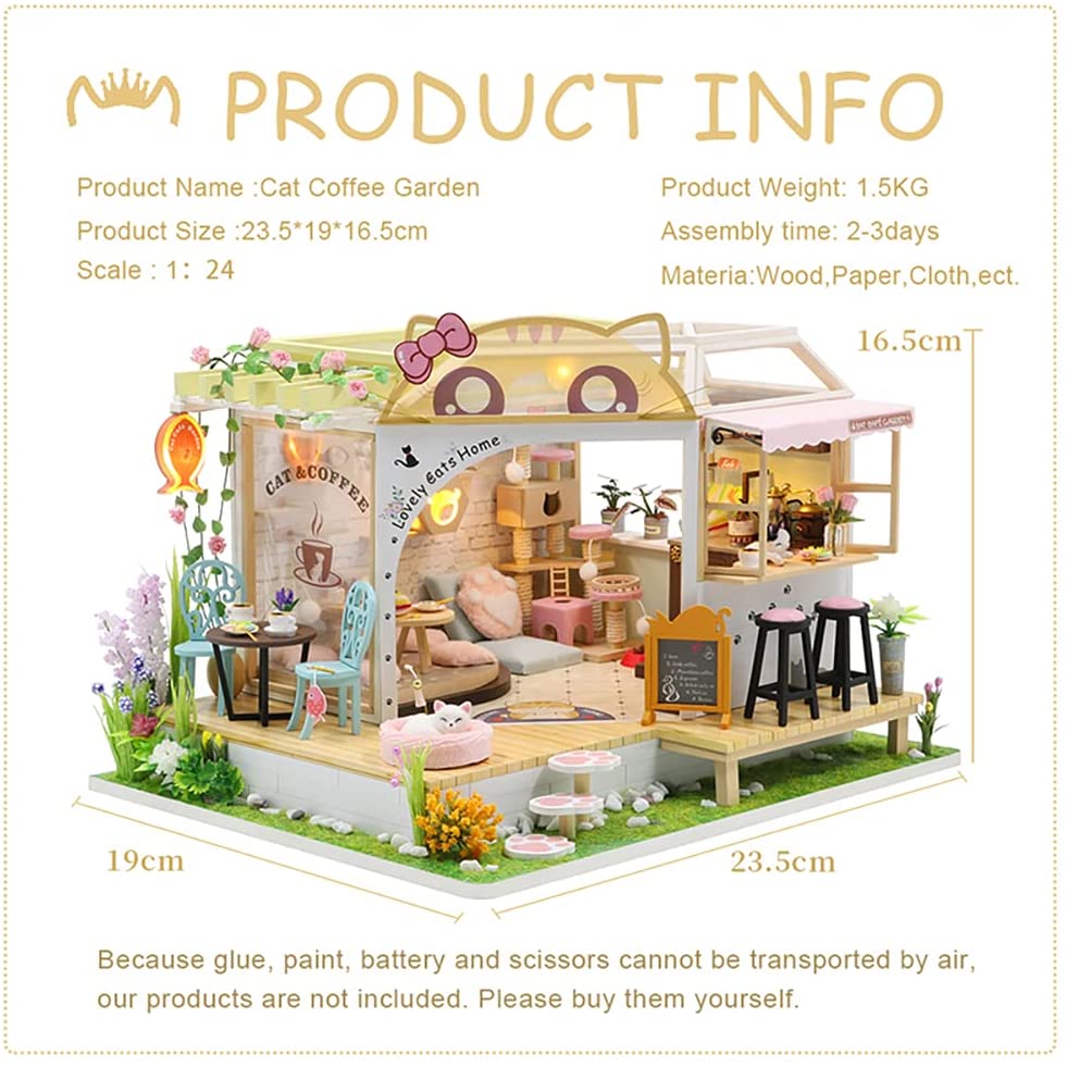 Dollhouse Miniature with Furniture Kit Plus Dust Proof and Music Movement - Cat Coffee Valentine's Day Gift Idea