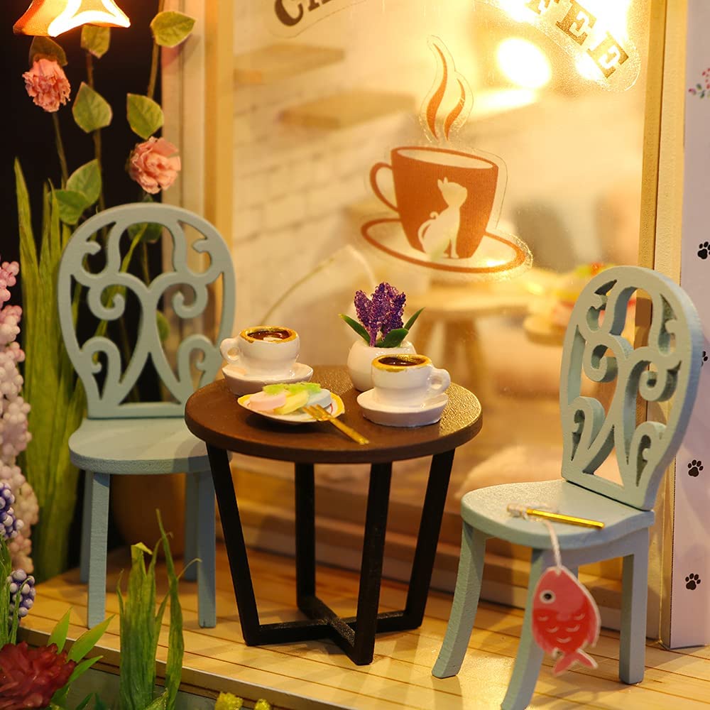 Dollhouse Miniature with Furniture Kit Plus Dust Proof and Music Movement - Cat Coffee Valentine's Day Gift Idea