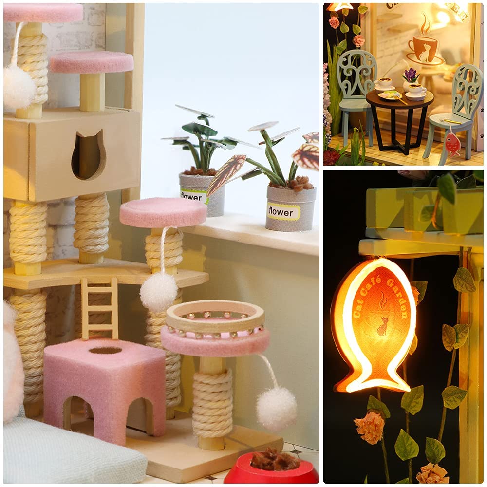 Dollhouse Miniature with Furniture Kit Plus Dust Proof and Music Movement - Cat Coffee Valentine's Day Gift Idea