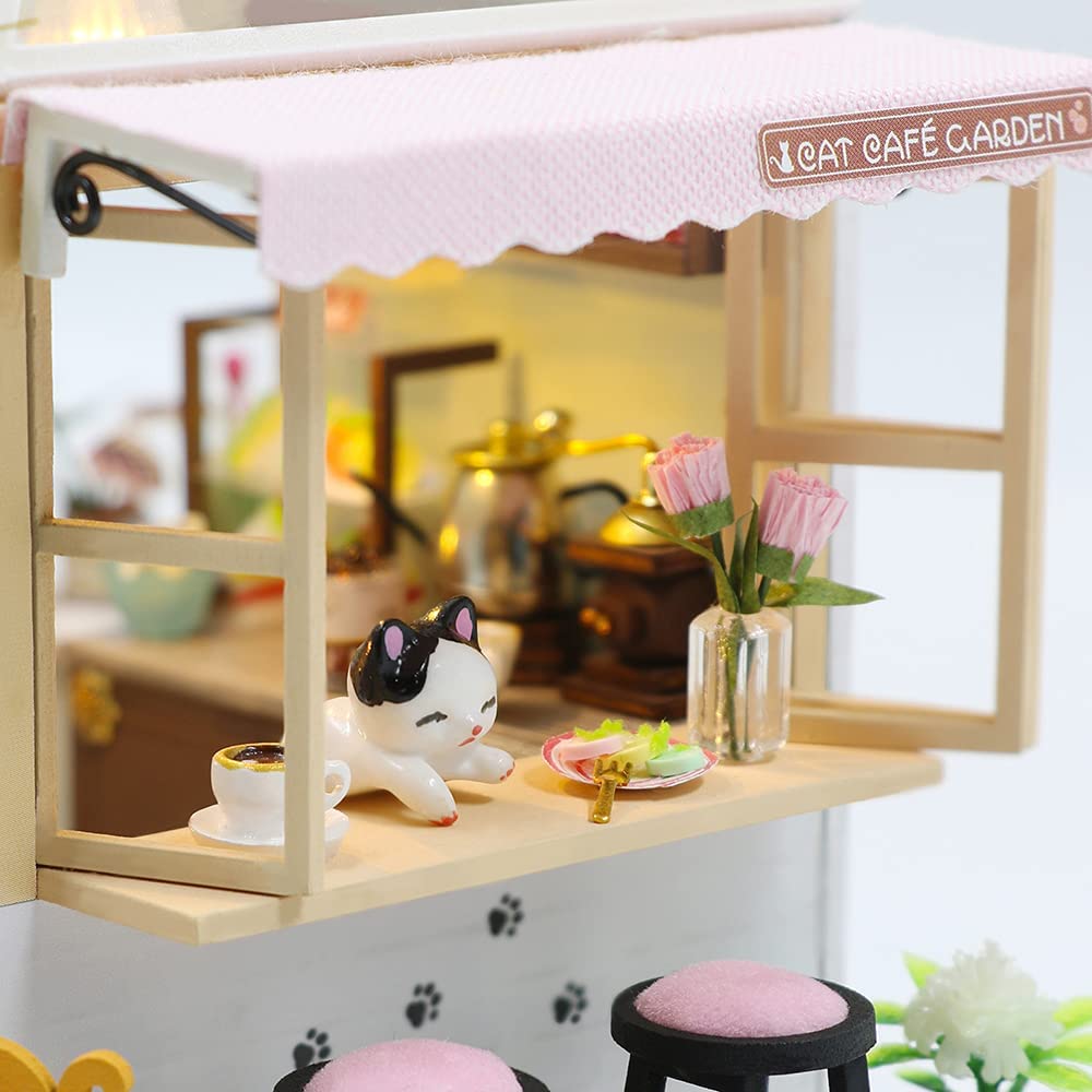 Dollhouse Miniature with Furniture Kit Plus Dust Proof and Music Movement - Cat Coffee Valentine's Day Gift Idea