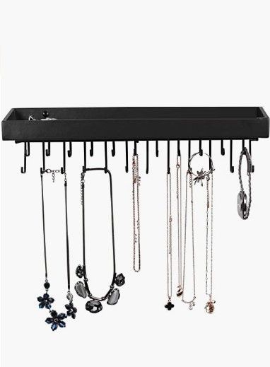 Black Wall Mount Jewellery Organizer with 23 Hooks and Shelf