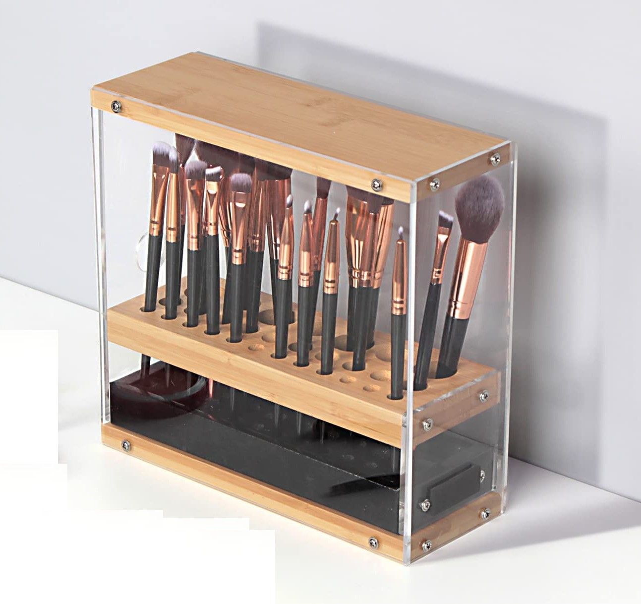 31-Hole Acrylic Bamboo Brush Holder with Leather Drawer Black