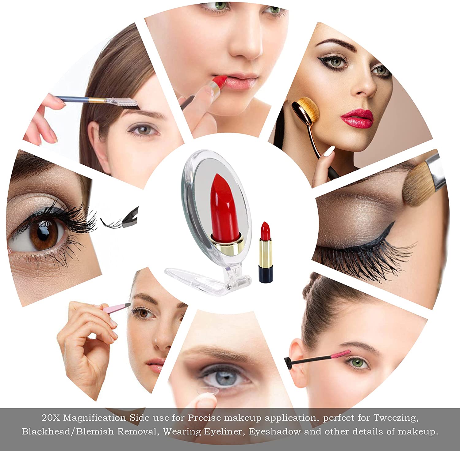 20X Magnifying Hand Mirror Two Sided Use for Makeup Application, Tweezing, and Blackhead/Blemish Removal 15 cm