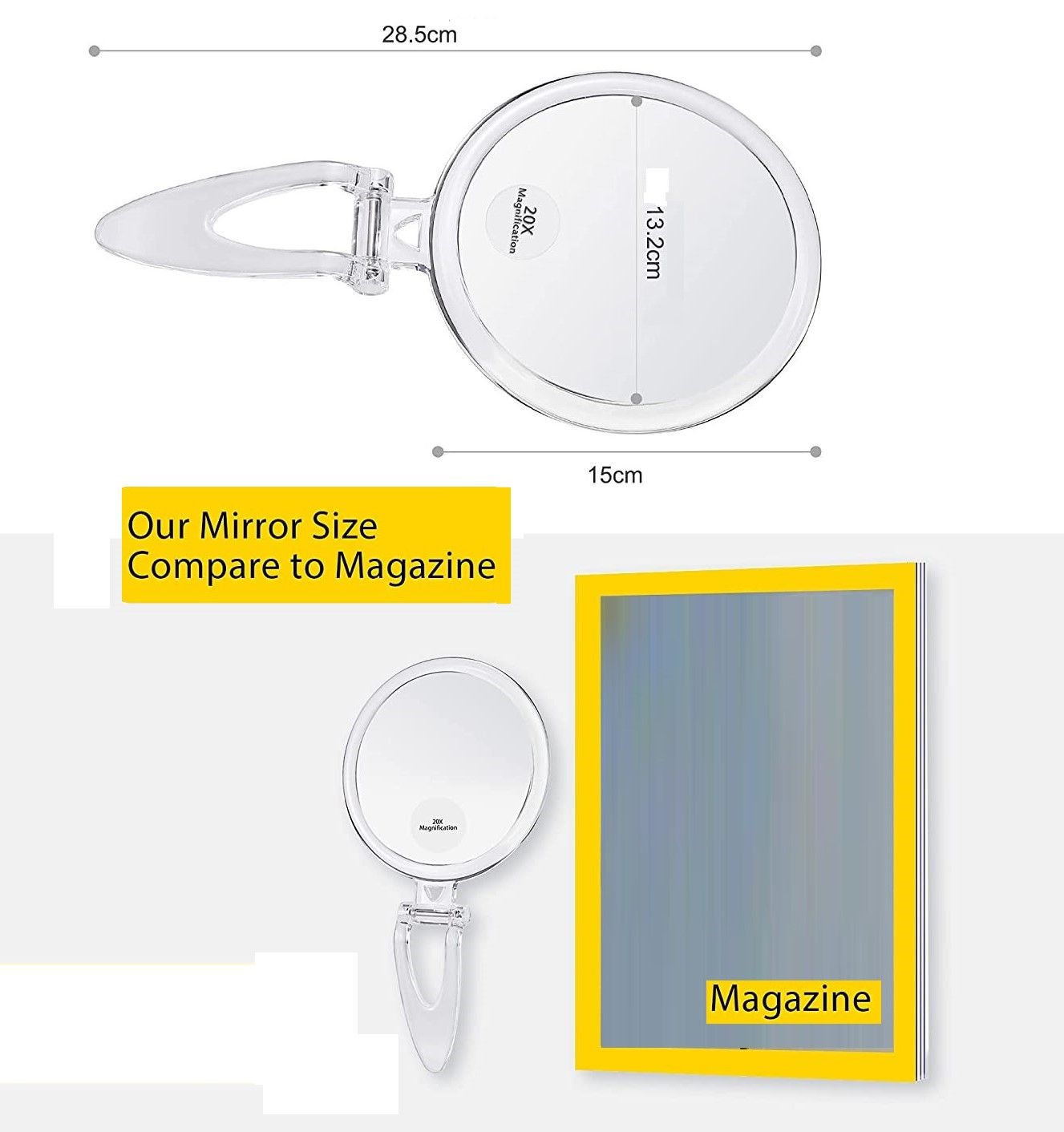 20X Magnifying Hand Mirror Two Sided Use for Makeup Application, Tweezing, and Blackhead/Blemish Removal 15 cm