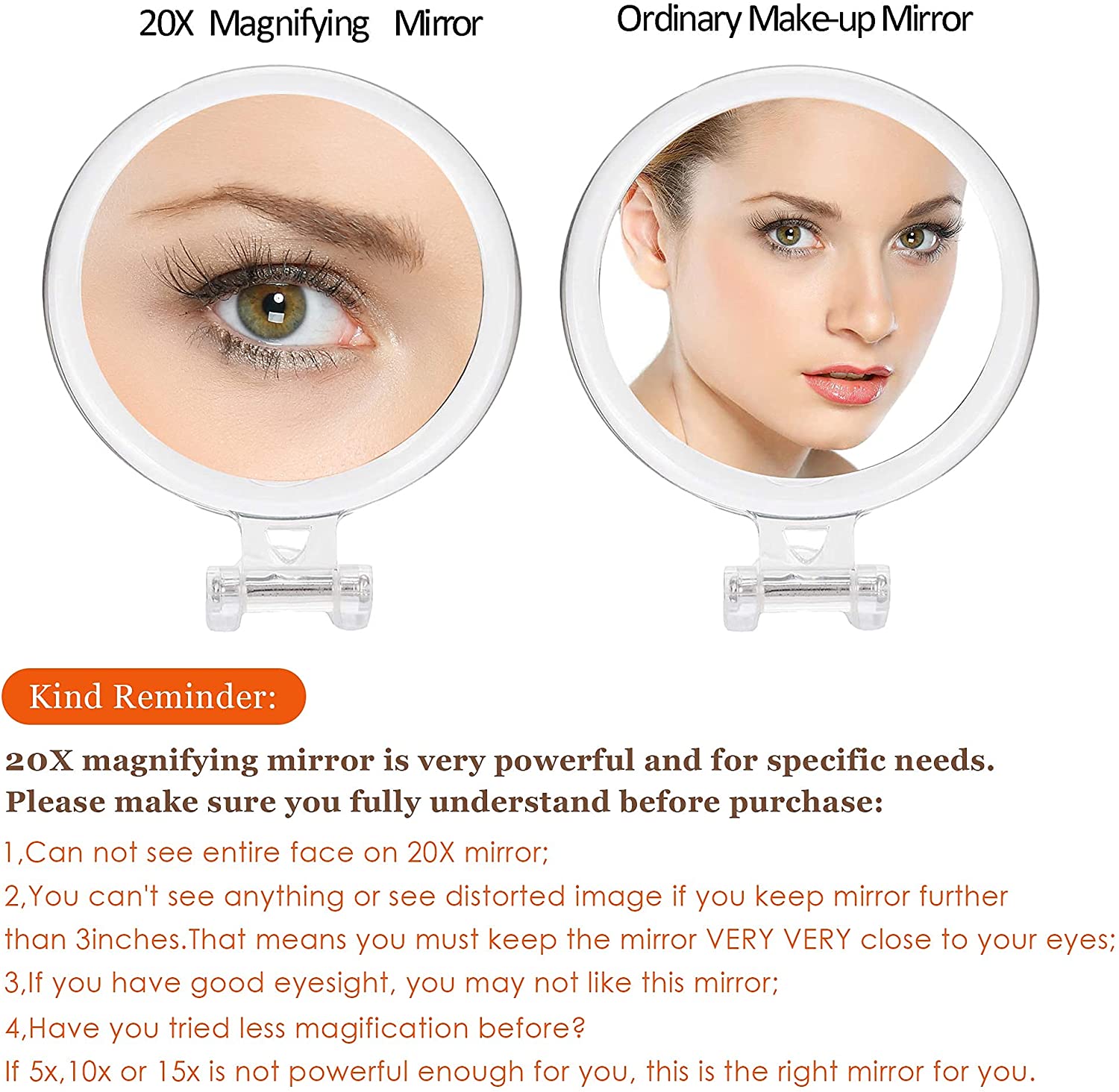 20X Magnifying Hand Mirror Two Sided Use for Makeup Application, Tweezing, and Blackhead/Blemish Removal 15 cm