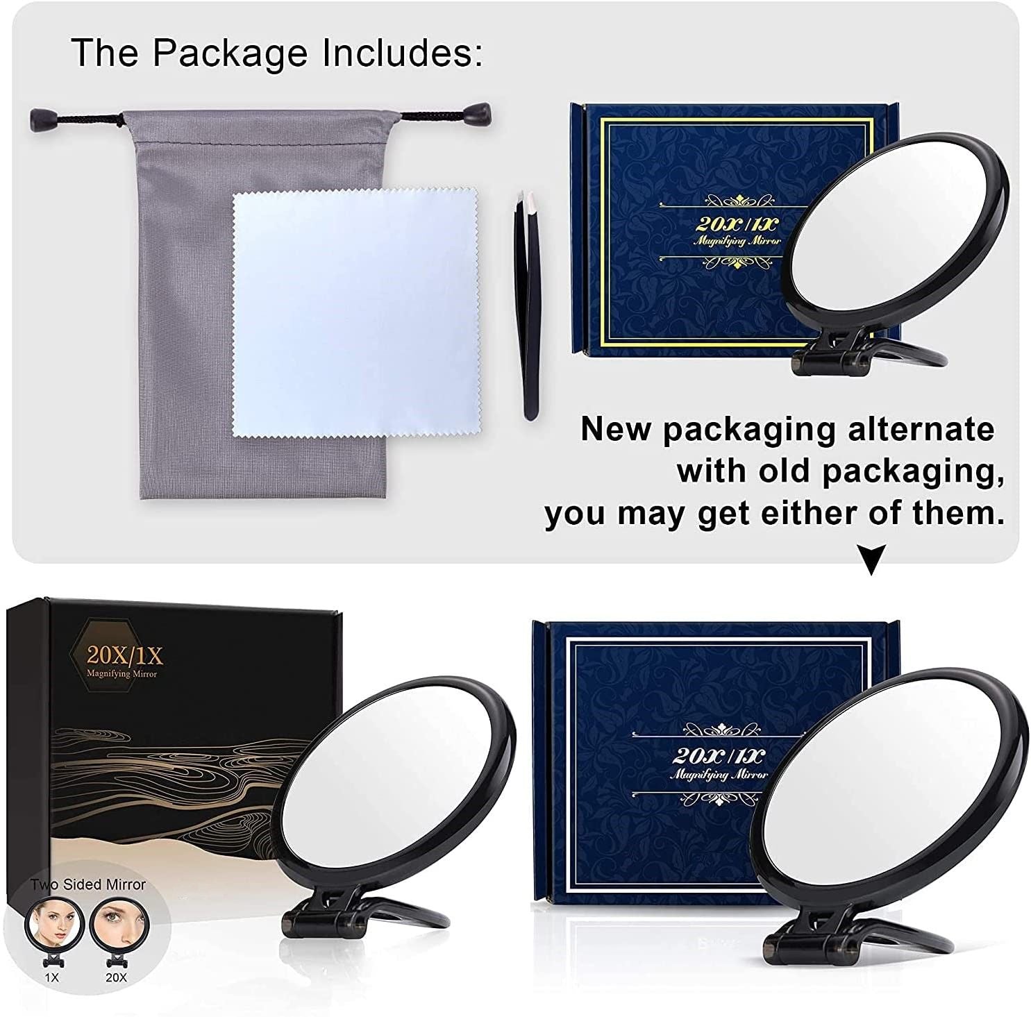 20X Magnifying Hand Mirror Two Sided Use for Makeup Application, Tweezing, and Blackhead/Blemish Removal 12.5 cm Black