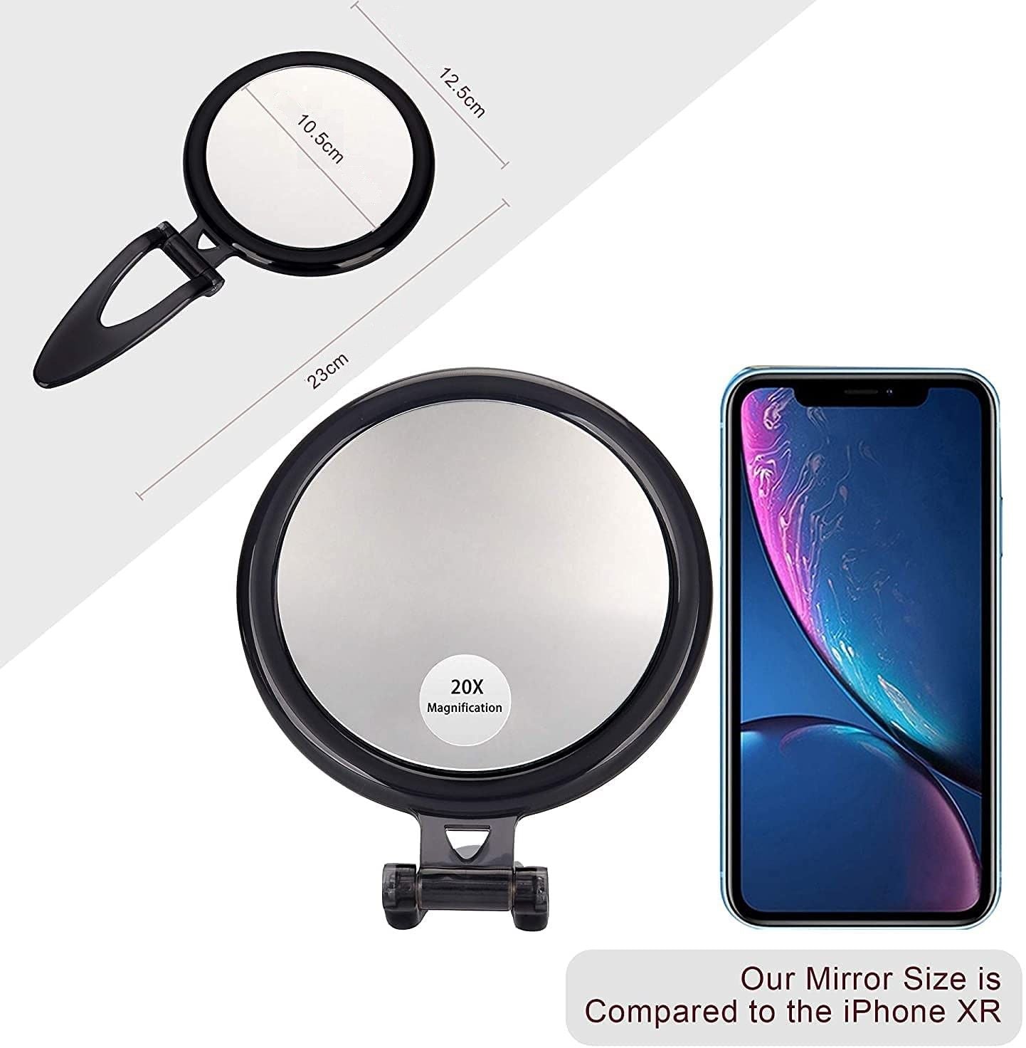 20X Magnifying Hand Mirror Two Sided Use for Makeup Application, Tweezing, and Blackhead/Blemish Removal 12.5 cm Black