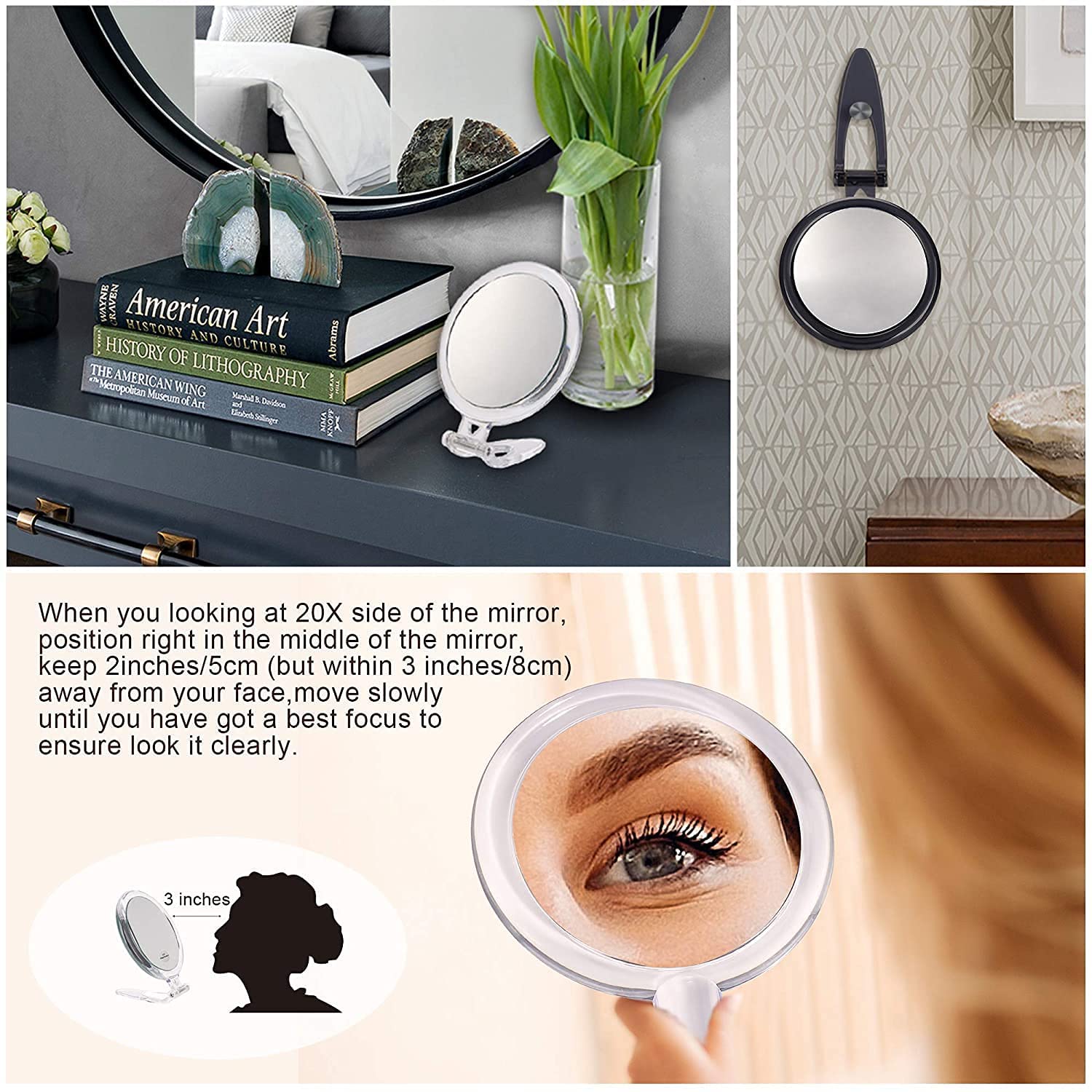 20X Magnifying Hand Mirror Two Sided Use for Makeup Application, Tweezing, and Blackhead/Blemish Removal 12.5 cm Black