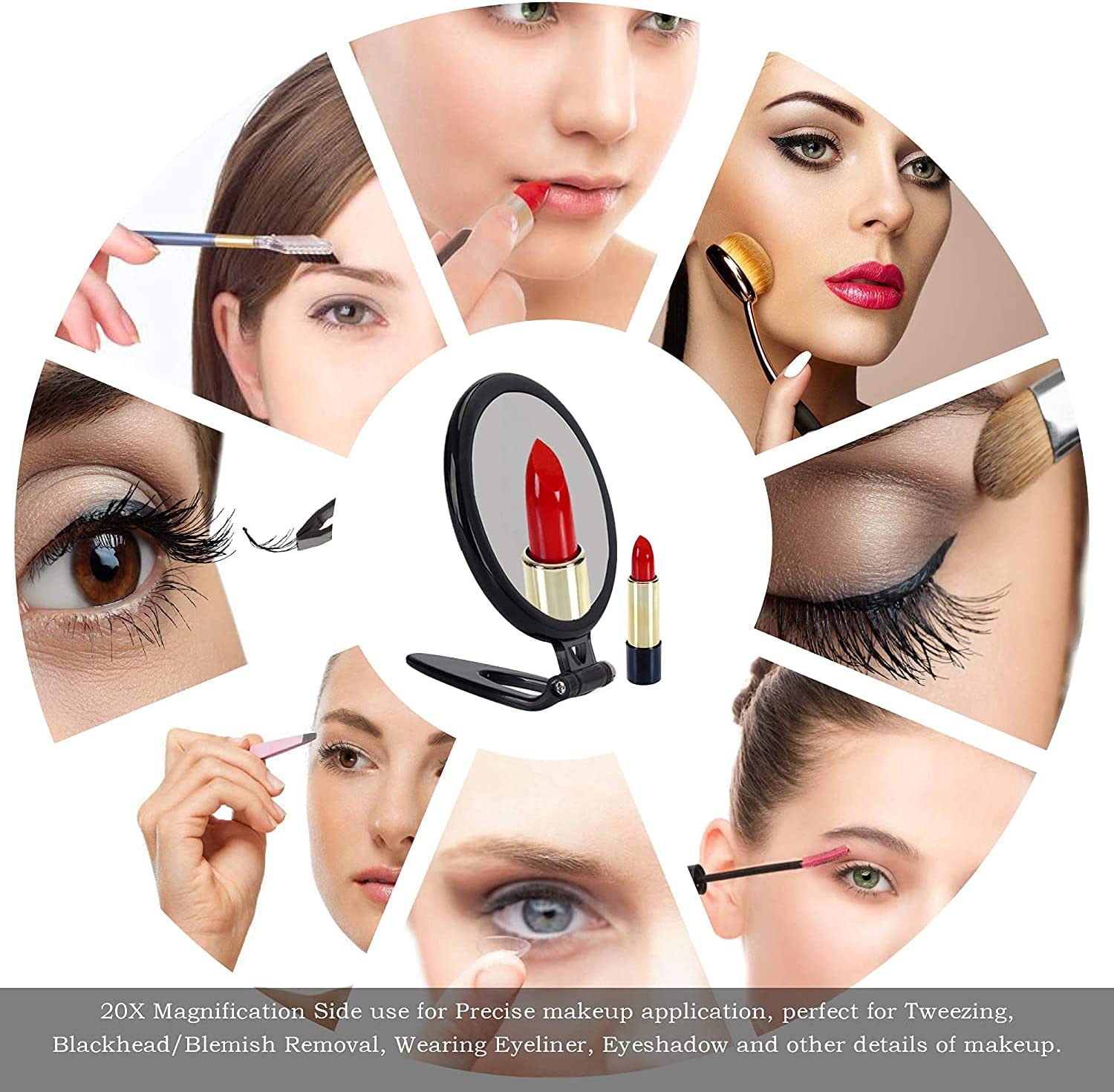 20X Magnifying Hand Mirror Two Sided Use for Makeup Application, Tweezing, and Blackhead/Blemish Removal 12.5 cm Black