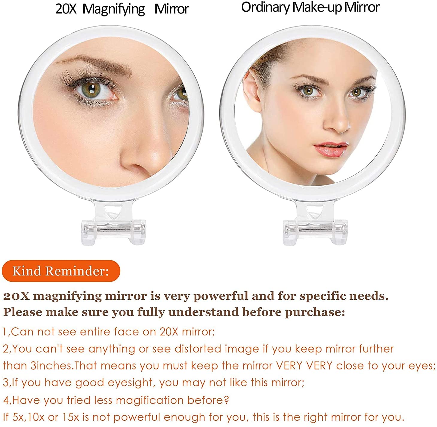 20X Magnifying Hand Mirror Two Sided Use for Makeup Application, Tweezing, and Blackhead/Blemish Removal 12.5 cm Black