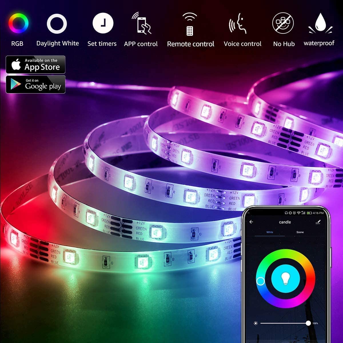 12M LED Strip Lights Rope Light for Bedroom and Home 5050 Lights Strip App with Remote Control
