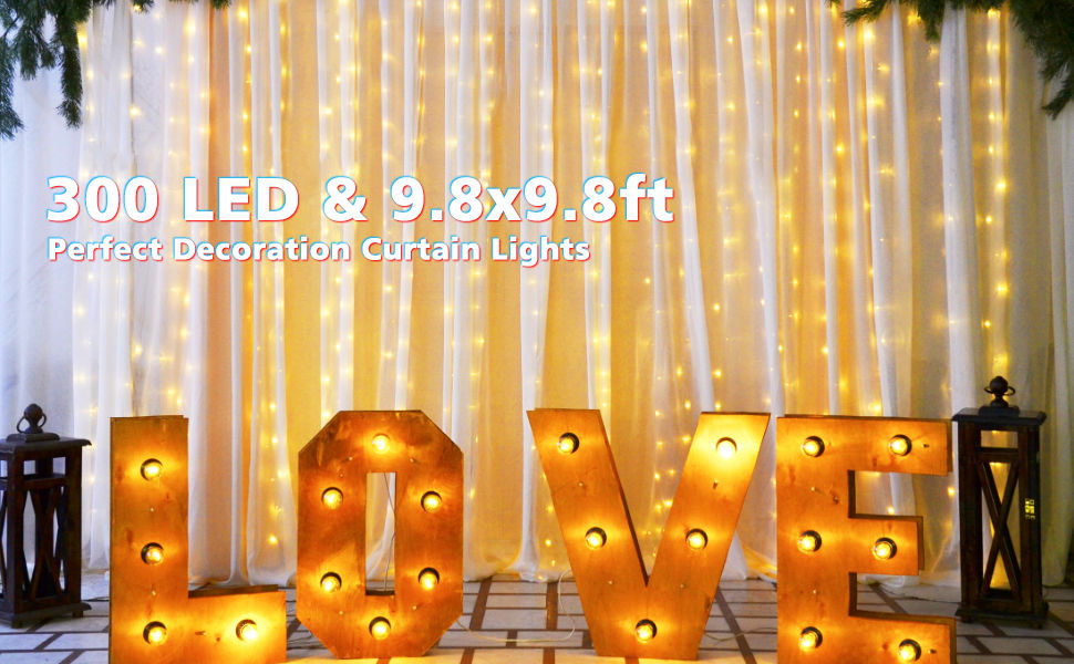 USB Powered 300 LED Curtain String Light, 8 Modes Remote, Waterproof