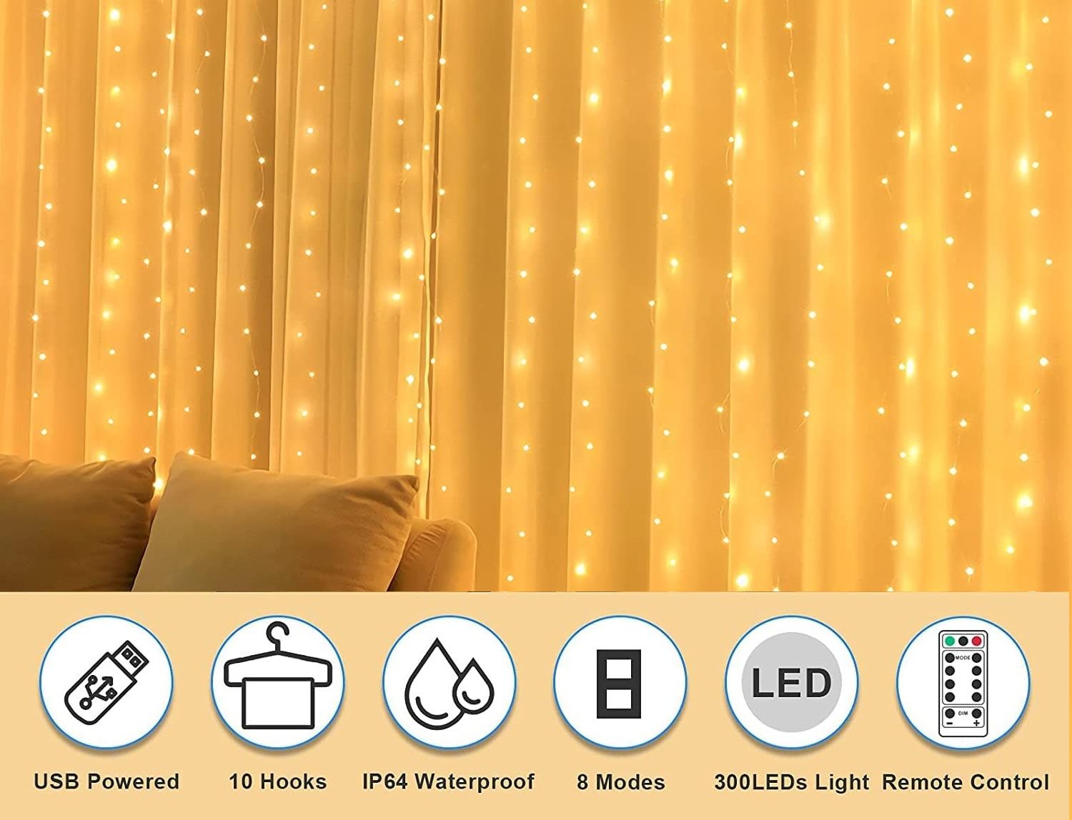 USB Powered 300 LED Curtain String Light, 8 Modes Remote, Waterproof