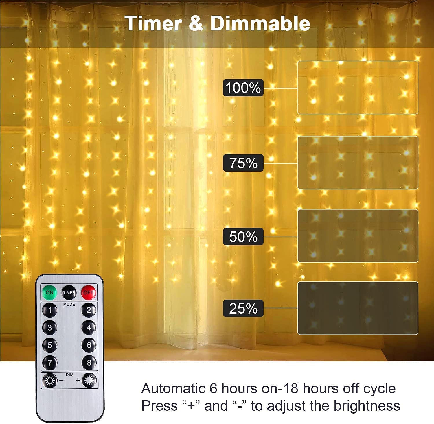 USB Powered 300 LED Curtain String Light, 8 Modes Remote, Waterproof