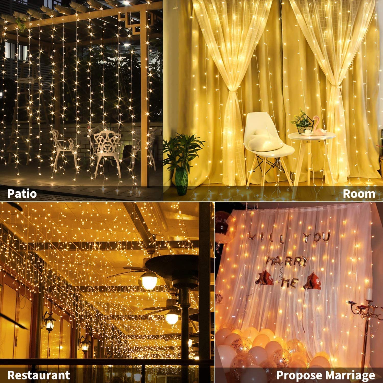 USB Powered 300 LED Curtain String Light, 8 Modes Remote, Waterproof