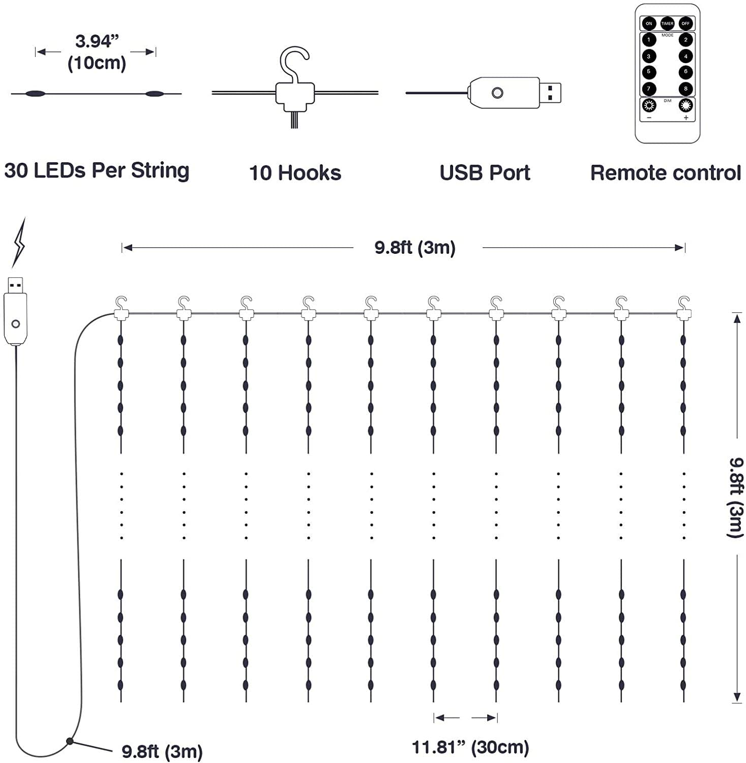 USB Powered 300 LED Curtain String Light, 8 Modes Remote, Waterproof